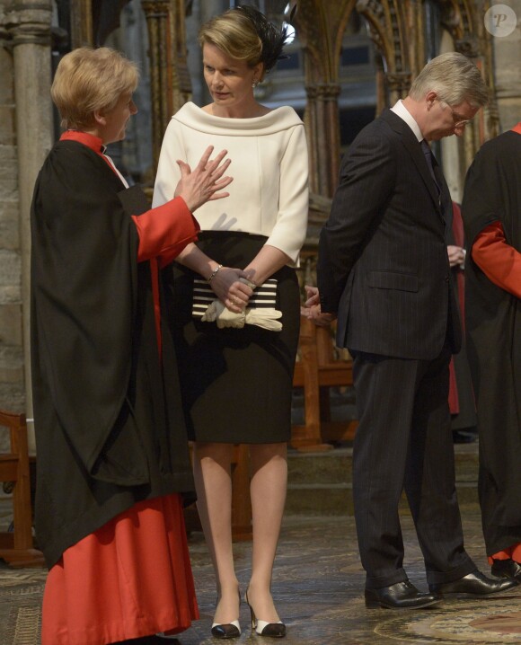 Le roi Philippe et son épouse la reine Mathilde de Belgique en visite officielle en Grande-Bretagne à Londres le 13 mars 2014. Ils ont visité Westminster.