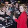 Scarlett Johansson enceinte arrive à l'avant-première du film Captain America : Le Soldat de l'Hiver au Grand Rex à Paris, le 17 mars 2014.