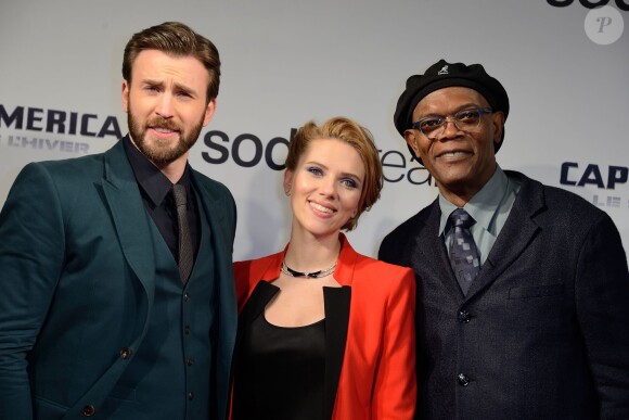 Chris Evans, Scarlett Johansson et Samuel L. Jackson à l'avant-première du film Captain America : Le Soldat de l'Hiver au Grand Rex à Paris, le 17 mars 2014.