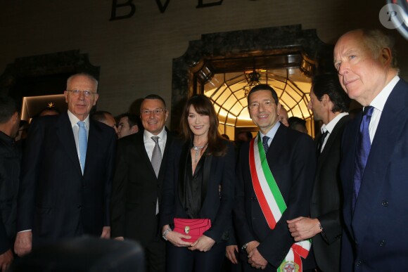Paolo Bulgari, Jean Christophe Babin, Carla Bruni-Sarkozy, Ignazio Marino, Adrien Brody et Nicola Bulgari assistent au 130e anniversaire de la maison Bulgari le 20 mars 2014 à Rome
