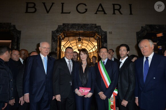 Paolo Bulgari, Jean Christophe Babin, Carla Bruni, Ignazio Marino, Adrien Brody, Nicola Bulgari - 130ème anniversaire de Bulgari à Rome en Italie le 20 mars 2014.