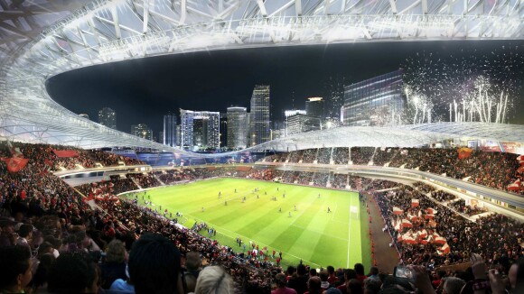 David Beckham a présenté lundi le projet d'un stade de 35 000 places où pourrait jouer sa franchise de MLS, à Miami, le 25 mars 2014
