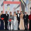 La princesse Charlene, le prince Albert, Caroline de Hanovre, Charlotte Casiraghi, Pierre Casiraghi, Beatrice Borromeo et Karl Lagerfeld lors du Bal de la Rose à Monaco au Sporting de Monte-Carlo le 29 mars 2014