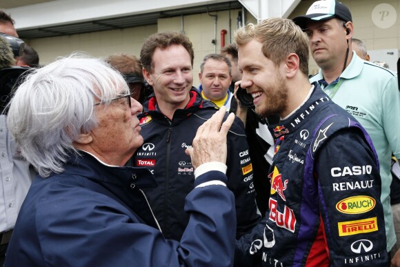 Bernie Ecclestone, Christian Horner, Sebastian Vettel au Brésil le 24 novembre 2013.