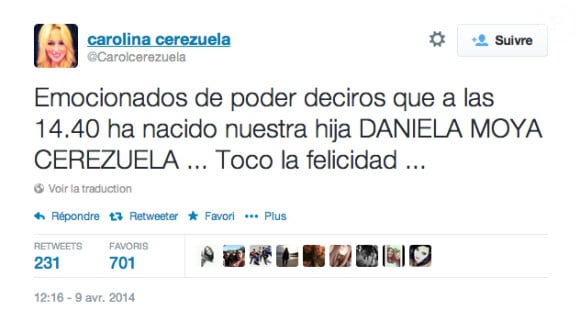 Carolina Cerezuela annonce la naissance de son troisième enfant avec Carlos Moya le 9 avril 2014. 