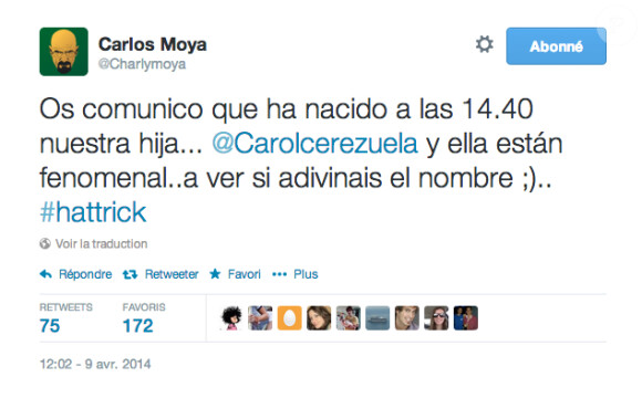 Carlos Moya annonce la naissance de son troisième enfant le 9 avril 2014. 