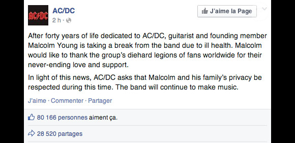 AC/DC dément les rumeurs de séparation mais annonce le départ de Malcolm Young, malade, dans un message Facebook publié le 16 avril 2014.