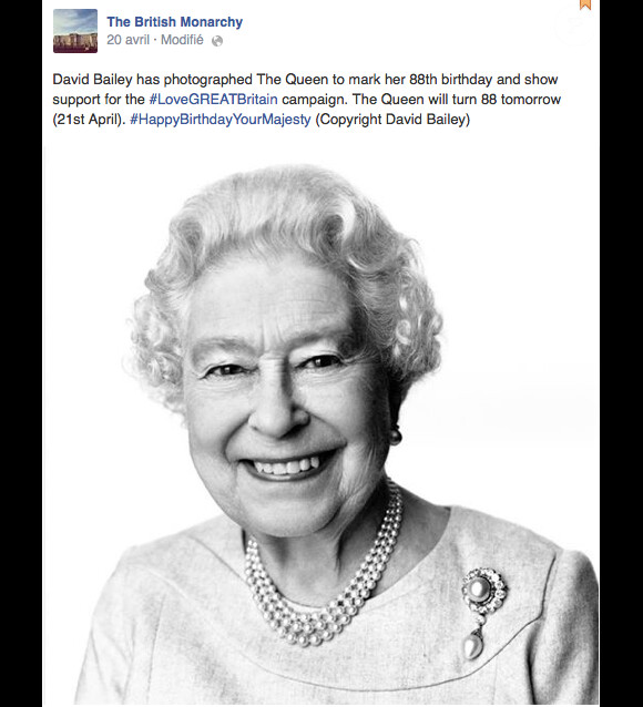 La monarchie britannique a révélé via ses réseaux sociaux le portrait de la reine Elizabeth II réalisé par le photographe David Bailey à l'occasion de son 88e anniversaire, le 21 avril 2014