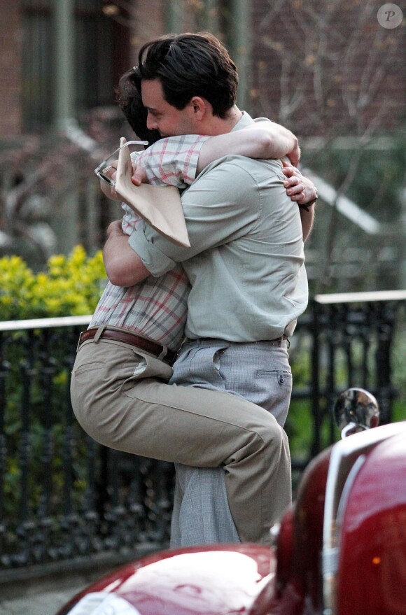 Daniel Radcliffe sur le tournage du film Kill Your Darlings à Harlem (New York) le 26 mars 2012