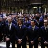 Victor Valdès, Carles Puyol, Xavi Hernandez et Andrès Iniesta lors des obsèques de Tito Vilanova l'ex-entraîneur du Barça, en la cathédrale de Barcelone le 28 avril 2014