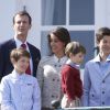 Le prince Henrik de Danemark entouré de son père le prince Joachim, sa mère la princesse Marie et ses demi-frères les princes Felix et Nikolai à Marselisborg lors des célébrations des 74 ans de la reine Margrethe II de Danemark, le 16 avril 2014