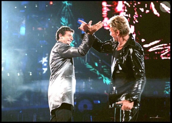 Exclusif - Répétitions entre Patrick Bruel et Johnny Hallyday pour le concert de Johnny au stade France. Le 4 septembre 1998.