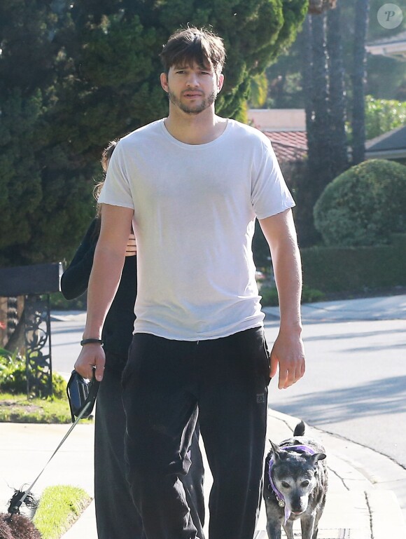 Exclusif - Mila Kunis, enceinte, et son fiancé Ashton Kutcher promènent leurs chiens à Los Angeles. Le 20 avril 2014.