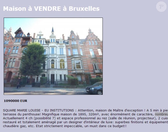 Capture d'écran de la maison à vendre à Bruxelles dont l'annonce fait référence à Ségolène Royal - capture d'écran issue du site eurorent.com