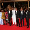 Hichem Yacoubi, Abel Jafri, Ibrahim Ahmed dit Pino, Abderrahmane Sissako, Toulou Kiki, et Fatoumata Diawara dans l'équipe du film Timbuktu au 67e Festival de Cannes, le 15 mai 2014.