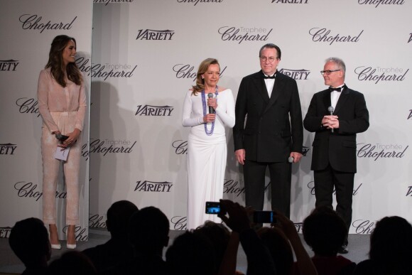 Louise Roe, Steven Gaydos (magazine Variety) entre Caroline Scheufele et Thierry Frémaux - Remise du trophée Chopard à l'hôtel Martinez lors du 67e festival international du film de Cannes, le 15 mai 2014.
