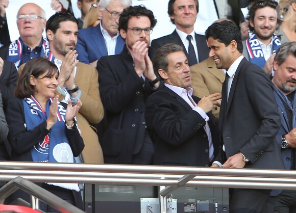 Anne Hidalgo, Nicolas Sarkozy et Nasser al-Khelaïfi assistent au match Psg-Montpellier au Parc des Princes à Paris, le 17 mai 201417/05/2014 - Paris