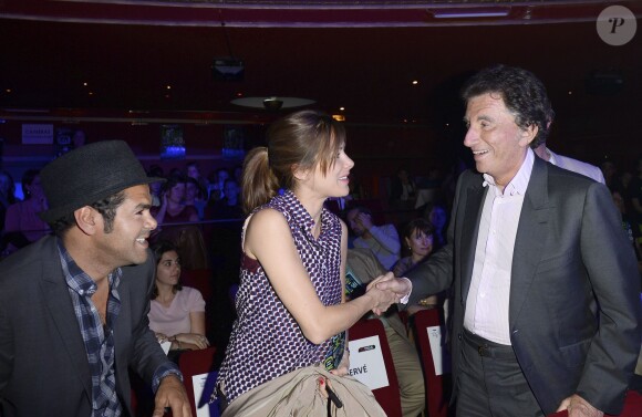 Jamel Debbouze, sa femme Mélissa Theuriau et Jack Lang lors de la finale du Trophée d'Impro inter-collèges au Comedia, à Paris, le 19 mai 2014