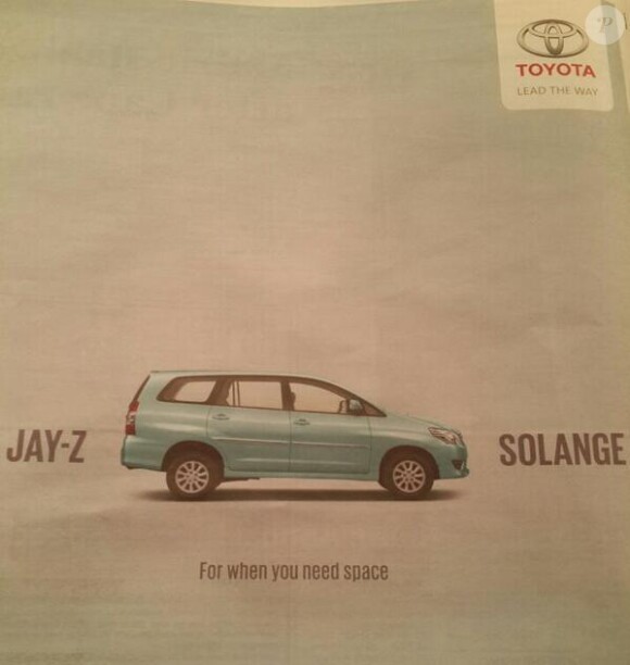 La marque de voiture Toyota n'a pas hésité à faire un détournement publicitaire de l'affaire du SolangeGate en mai 2014.
