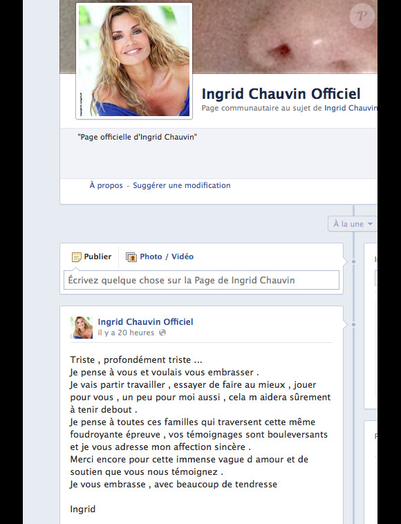 Le message d'Ingrid Chauvin à ses fans, après la tragédie - la perte de sa petite Jade, 5 mois, le 27 mars -, publié le 13 avril 2014 sur Facebook