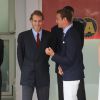 Andrea et Pierre Casiraghi étaient bien complices, derrière la princesse Charlene, le 25 mai 2014 lors de la cérémonie du podium au Grand Prix de Monaco