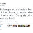 Le tweet du journaliste sud-africain Derek Watts, un proche de Michael Wittstock, disant que la princesse Charlene de Monaco attendrait des jumeaux. Message publié le vendredi 30 mai 2014.