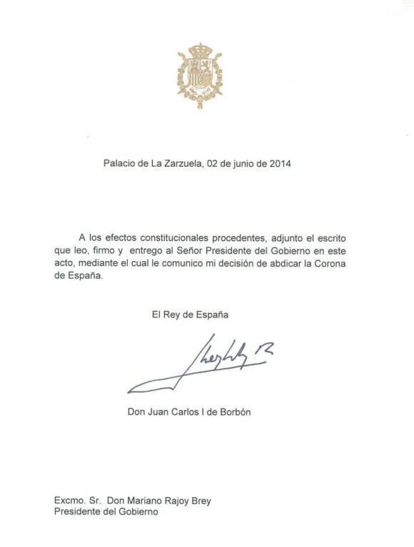 Communiqué officiel annonçant l'abdication de Juan Carlos d'Espagne, le 2 juin 2014.