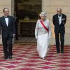 François Hollande, la reine Elisabeth II d'Angleterre et le prince Philip, duc d'Edimbourg lors du banquet à l'Elysée donné en l'honneur de la reine Elizabeth II, Paris, le 6 juin 2014.