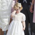 La princesse Estelle de Suède à la sortie de la chapelle royale, le 8 juin 2014 à Stockholm, après le baptême de sa cousine la princesse Leonore.