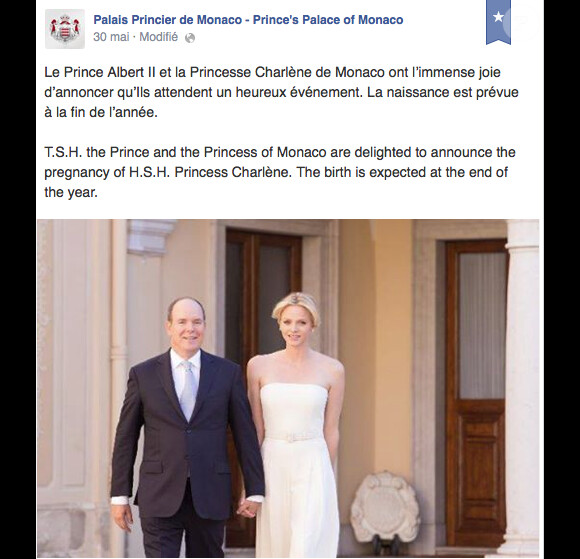 Sur son Facebook, le palais princier de Monaco a publié le 30 mai 2014 le communiqué annonçant que la princesse Charlene de Monaco attend son premier enfant avec le prince Albert, avec une belle photo.