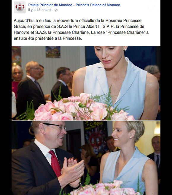 Charlene de Monaco, enceinte de son premier enfant avec le prince Albert, était présente le 14 juin 2014 pour la réouverture de la Roseraie Princesse-Grace en principauté. Deux semaines après l'annonce officielle de sa grossesse, elle a procédé au baptême d'une rose à son nom, blanche aux reflets saumonés.