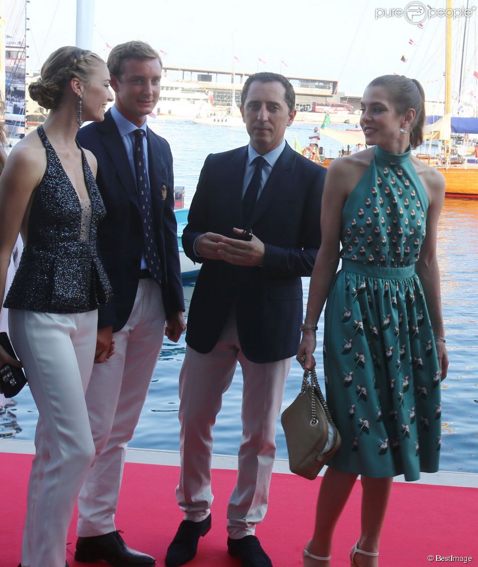 Pierre Casiraghi, sa compagne Beatrice Borromeo, Gad Elmaleh et sa compagne Charlotte Casiraghi arrivant à la soirée pour l&#039;inauguration du nouveau Yacht Club de Monaco, Port Hercule, le 20 juin 2014.