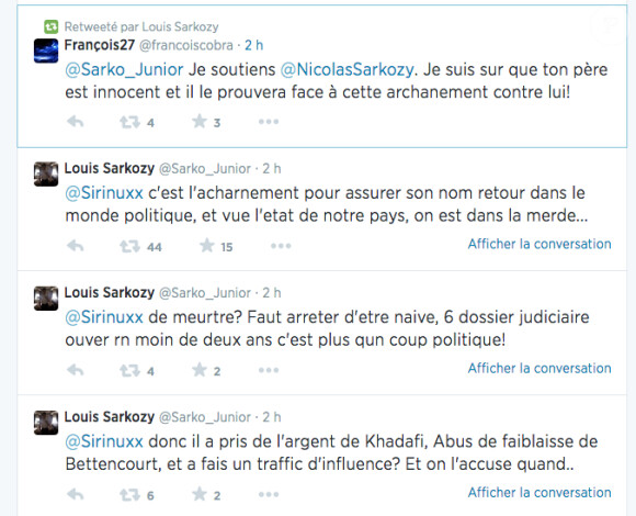 Série de tweets de Louis Sarkozy pour défendre son père Nicolas. Juin 2014.