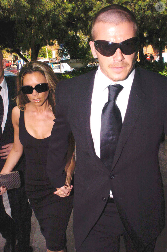 David et Victoria Beckham aux funérailles de Florentino Perez à Madrid, le 29 avril 2004.