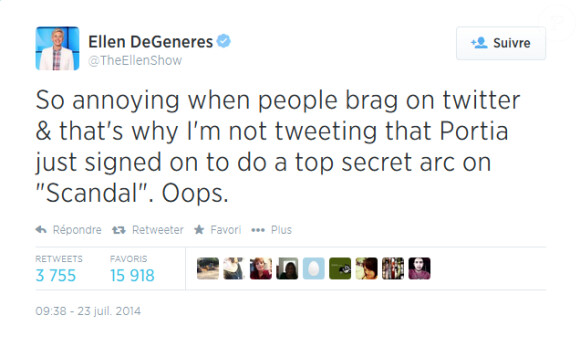 Ellen DeGeneres a annoncé sur Twitter que son épouse Portia de Rossi allait participé à la quatrième saison de Scandal, le 23 juillet 2014