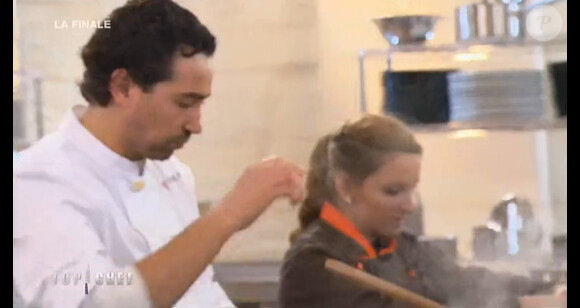 Quentin et Noémie se disputent lors de la finale de Top Chef 2014 (M6). Avril 2014.
