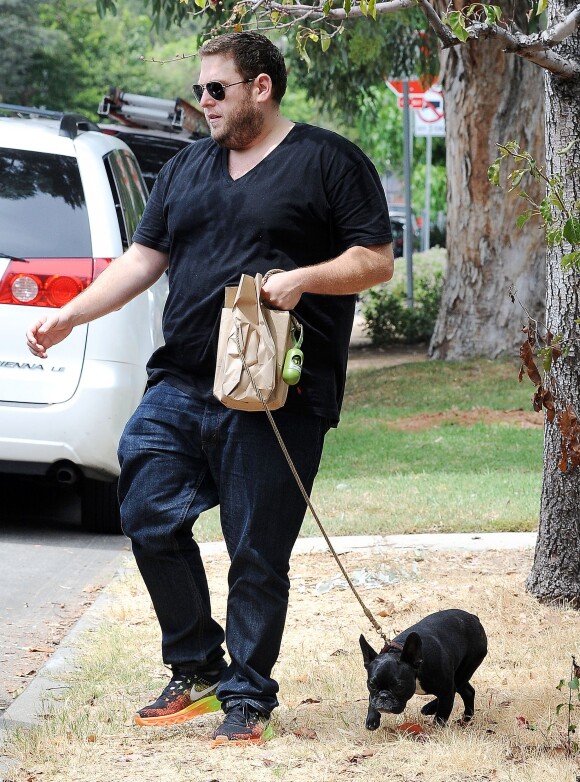 Jonah Hill, plus rond, promenant son chien à Los Angeles le 2 août 2014. 