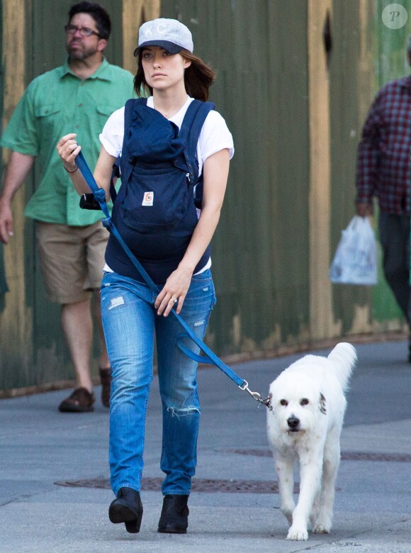 Olivia Wilde avec son fils Otis et son chien Paco à New York, le 24 juin 2014.