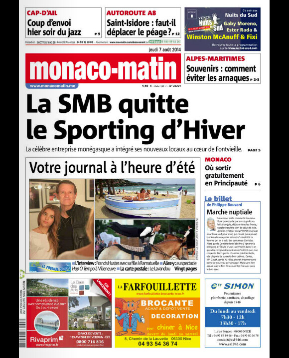 Francis Huster et sa fille Toscane, en "une" du journal Nice/Monaco/Var Matin du 7 août 2014