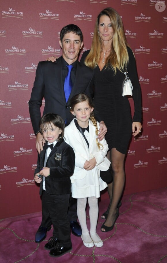 Christophe Soumillon, Sophie Thalmann et leur enfants Charlie et Mika - 64e cérémonie des Cravaches d'Or au Théâtre des Champs-Elysées à Paris le 3 avril 2013.