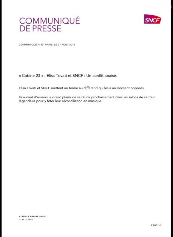 Communiqué de presse de la SCNF pour mettre fin à son conflit avec Elisa Tovati, le 27 août 2014.