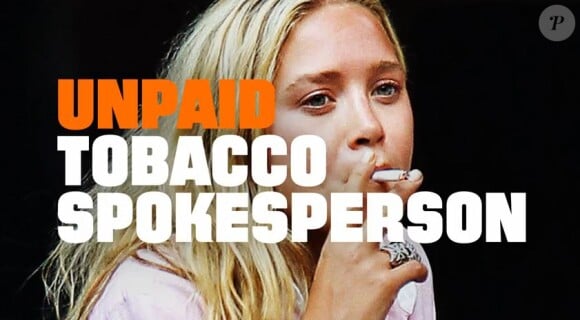  Mary-Kate Olsen cigarette à la bouche est visée par la campagne Unpaid Tobacco Spokesperson, août 2014.

