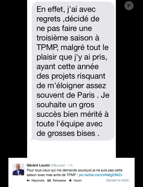 Gérard Louvin officialise son départ de TPMP sur Twitter.