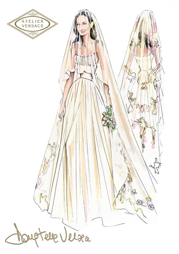 Un dessin de la robe de mariée d'Angelina Jolie par Donatella Versace (août 2014).