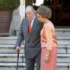 Le roi Juan Carlos et la reine Sofia d'Espagne lors de la réception du roi Willem-Alexander et de la reine Maxima des Pays-Bas au palais de la Zarzuela à Madrid le 18 septembre 2013