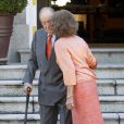 Le roi Juan Carlos et la reine Sofia d'Espagne lors de la réception du roi Willem-Alexander et de la reine Maxima des Pays-Bas au palais de la Zarzuela à Madrid le 18 septembre 2013