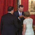 Le roi Felipe VI et la reine Letizia d'Espagne recevaient le 8 septembre 2014 à déjeuner au palais du Pardo, à Madrid, le président du Panama, Juan Carlos Varela, et sa femme la journaliste Lorena Castillo.