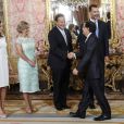  Le roi Felipe VI et son épouse la reine Letizia d'Espagne recevaient le 8 septembre 2014 à déjeuner au palais du Pardo, à Madrid, le président du Panama, Juan Carlos Varela, et sa femme la journaliste Lorena Castillo. 