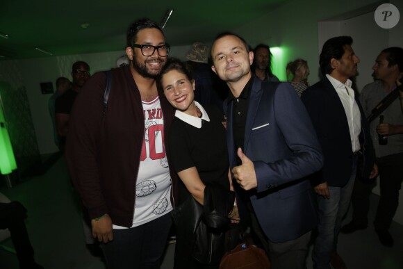 Hugues Duquesne, Kevin Razy et Joséphine Drai lors de la soirée Heineken Open Your World à la Gaité Lyrique à Paris, le 16 septembre 2014