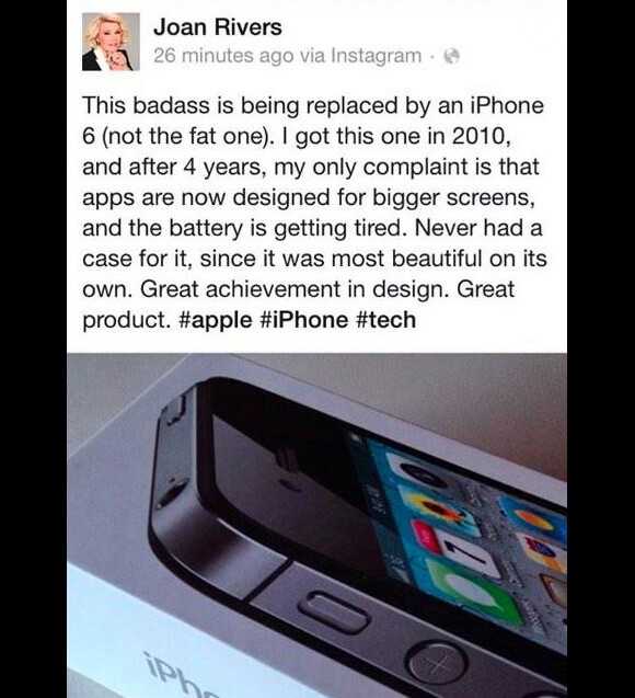 Capture d'écran du message posté sur le compte Instagram de Joan Rivers pour faire la promo de l'iPhone 6, le 19 septembre 2014